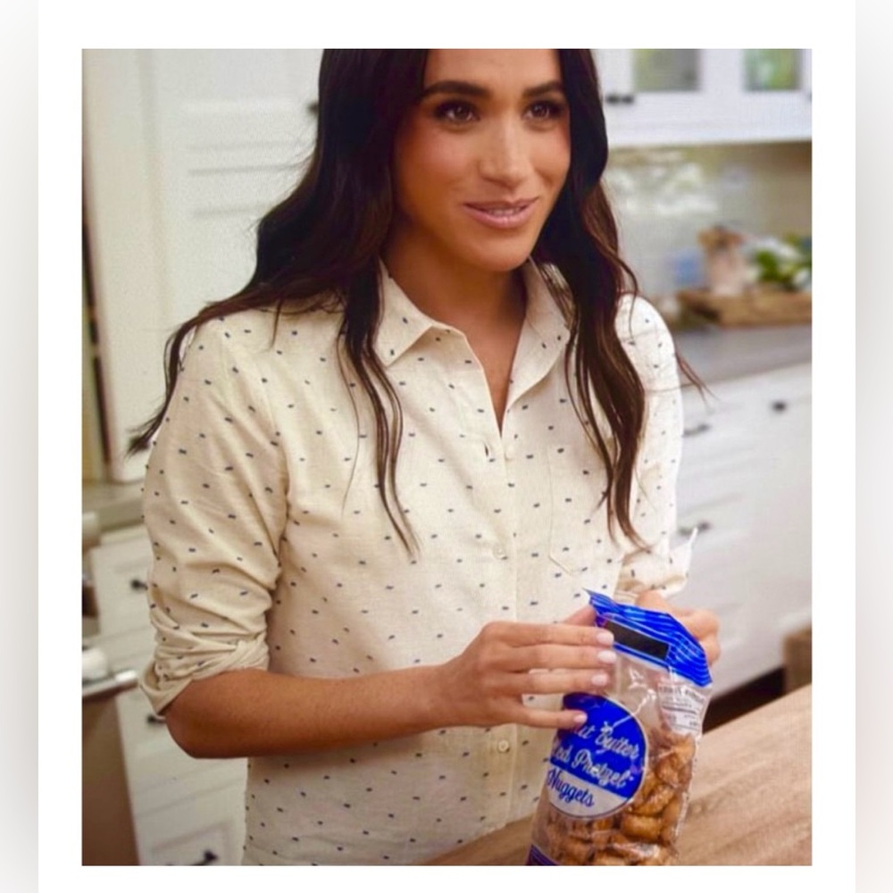 Sezane White and Blue Polka Dot Button Down Shirt ASO Meghan Markle